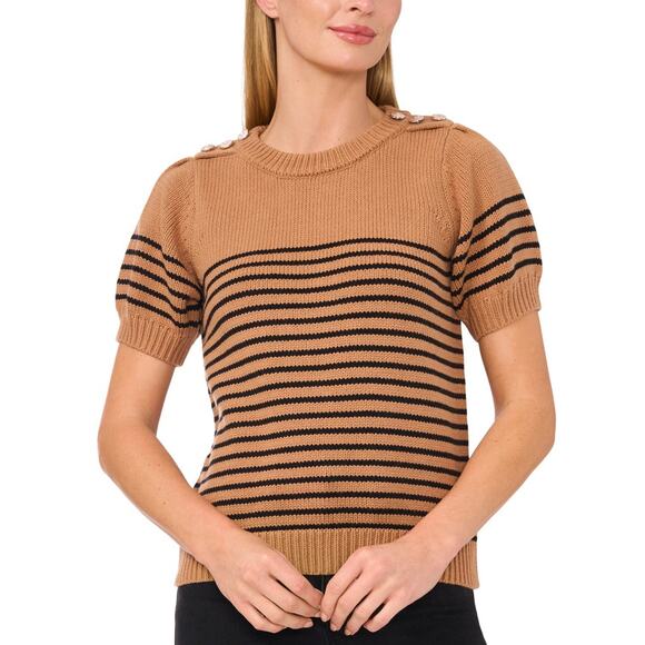 CeCe XL Stripe Shoulder Gold Button Sweater In Cappuccino Brown Black Stripes - Picture 2 of 12